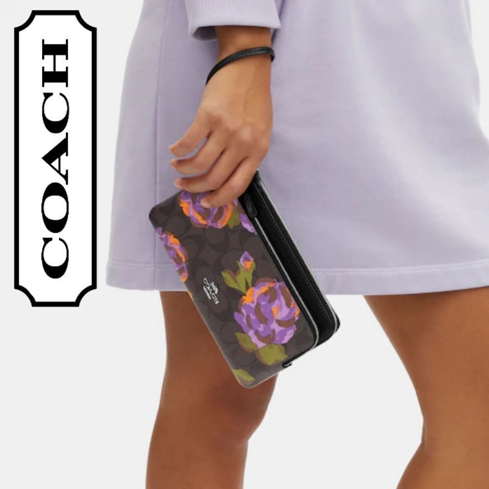 Coach Double Zip Orange & Purple Jumbo Floral Blooms Signature C Wallet/Wristlet